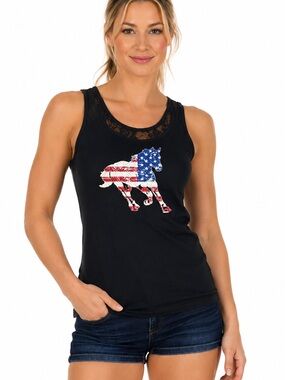 Liberty Wear horse rhinestone patriotic tank top Black Lace-back size 3X